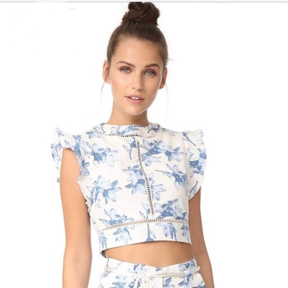 Anthropologie Tops - JOA Anthropologie Blue and White Floral Linen Crop Top Size Medium